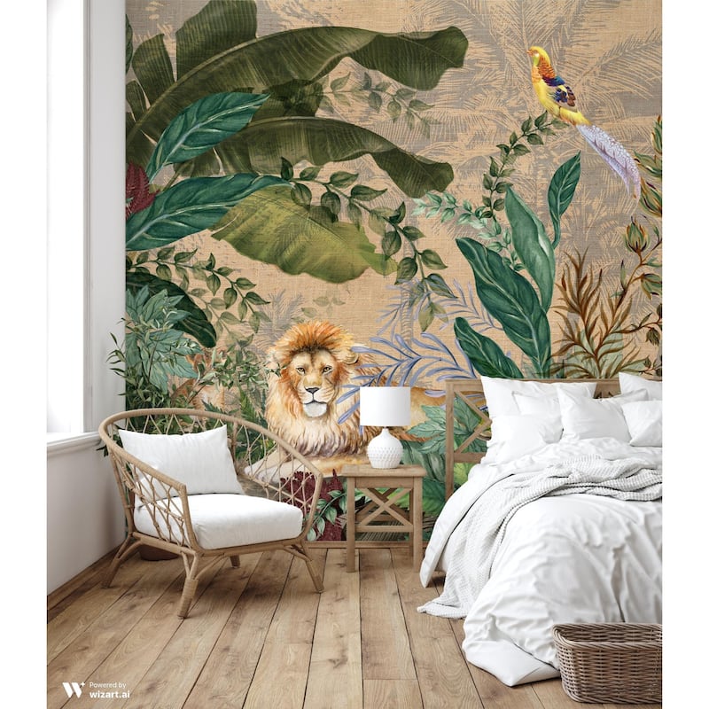 Luxurious Jungle Safari Wallpaper Mural Lions and Tropical Foliage