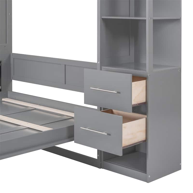 Merax Murphy Bed Wall Bed with Shelves, Drawers and LED Lights