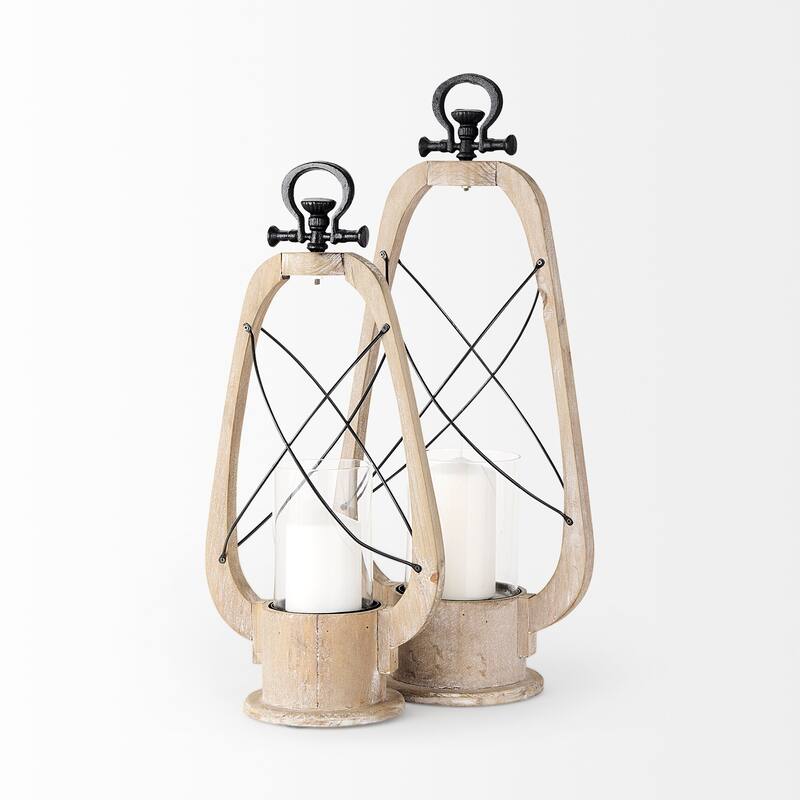 Zain I Small Light Brown Wood & Metal Vintage Inspired Candle Holder Lantern