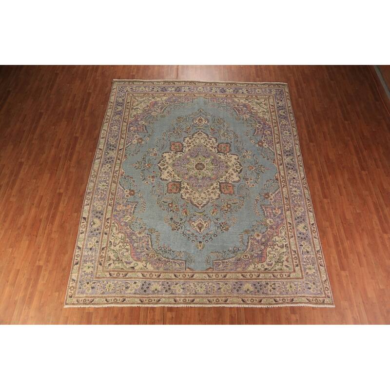 Light Blue Medallion Tabriz Persian Rug Floral Handmade Wool Carpet - 9'10"x 12'4"