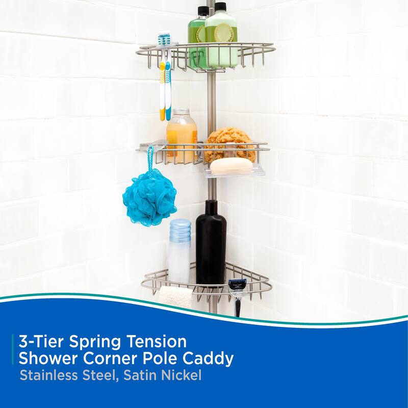 Kenney 3-Tier Spring Tension Adjustable Shower Corner Pole Caddy - Satin Nickel