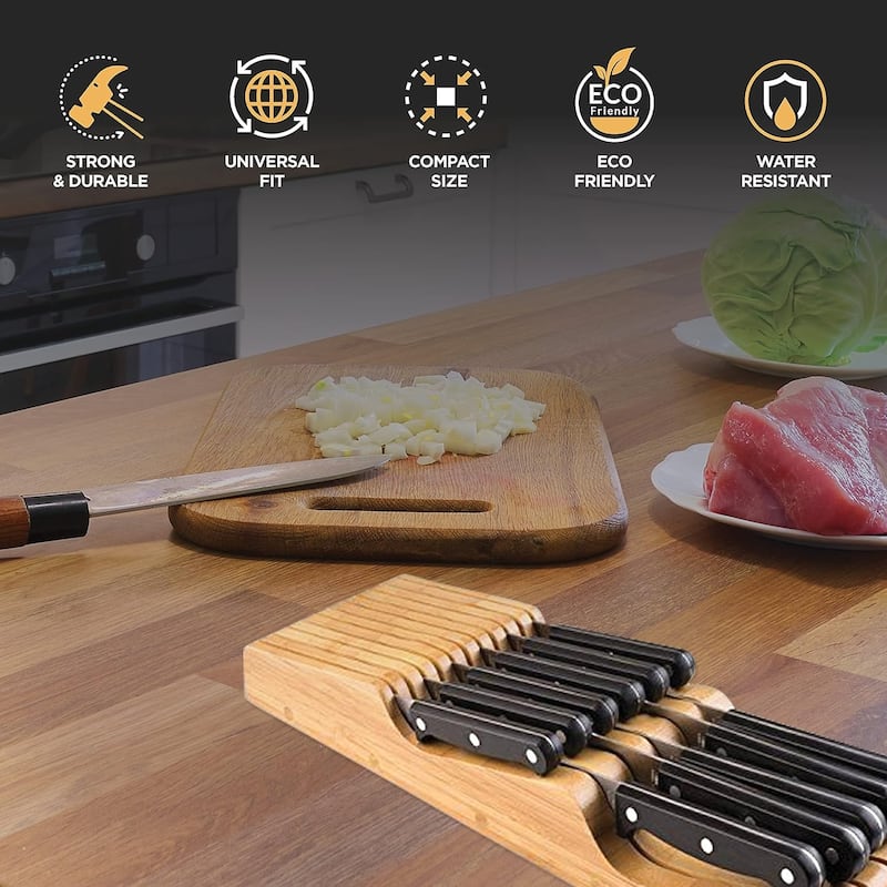 In-Drawer Knife Block - Bamboo Knife Drawer Organizer for Kitchen | Fits 5 Long + 6 Short Knives - Knives not included