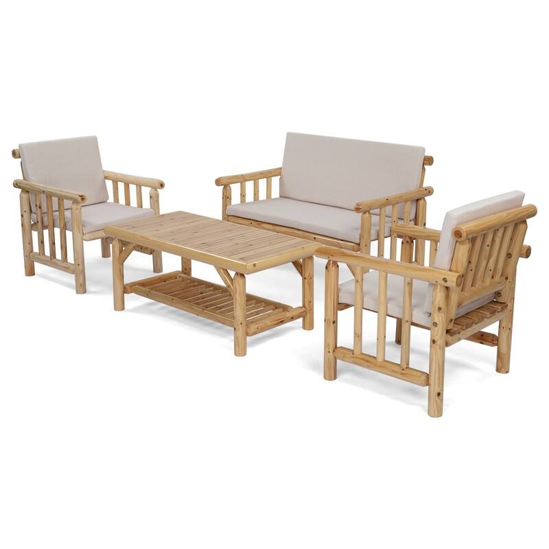 Cedar 4-Piece Wood Patio Conversation Set with Beige Cushions for Afternoon Tea & Conversation