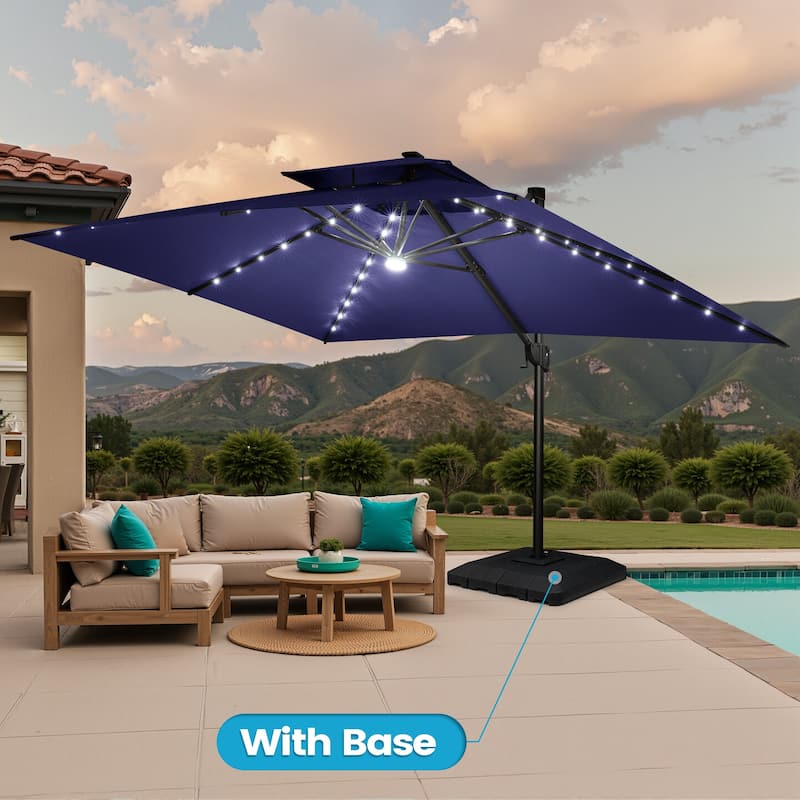 13 x 10 FT Solar Powered LED Light Patio Cantilever Umbrella Aluminum Pole with Base
