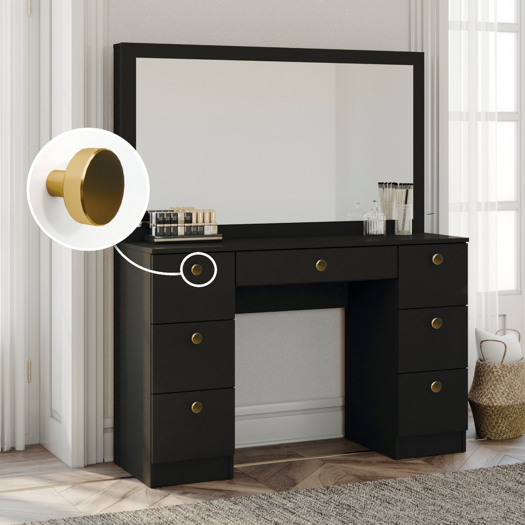 Boahaus Artemisia Modern Vanity Black Wide Mirror 07 Drawers