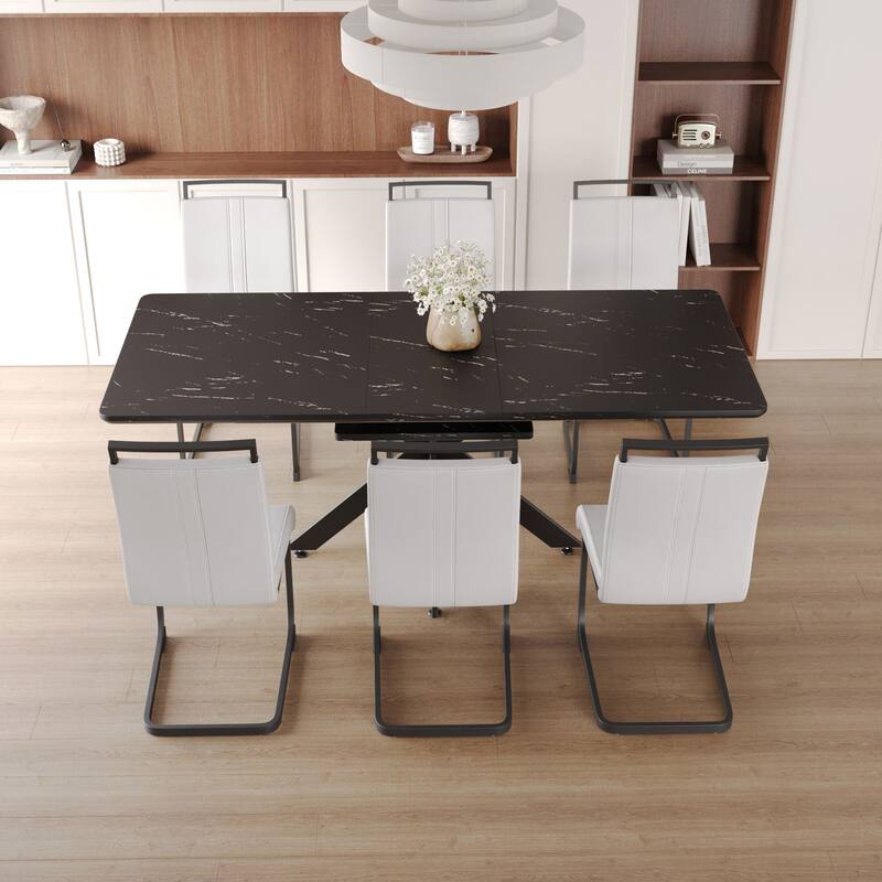 Modern Dining Set with Rectangular Extendable Table & High Back C-shaped Tube Armless Chairs
