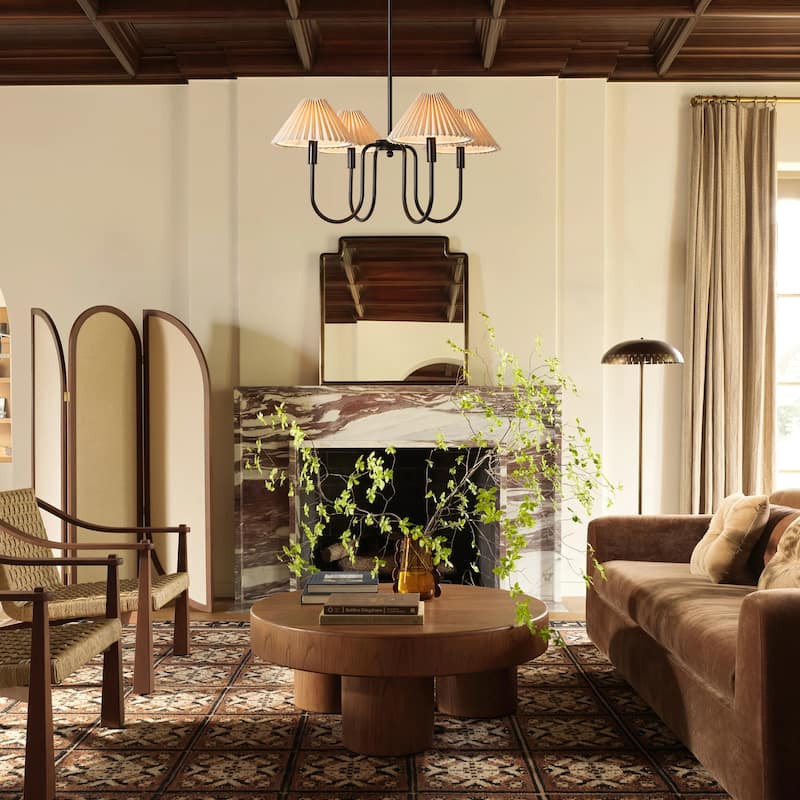 4-Light Mid-Century Modern Chandelier in Brushed Gold/Matte Black Chandelier with Pleated Shades for Living Room