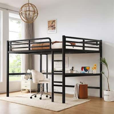 Metal Queen Size Loft Bed w/Power Outlet and LED Lighted,Space-Saving