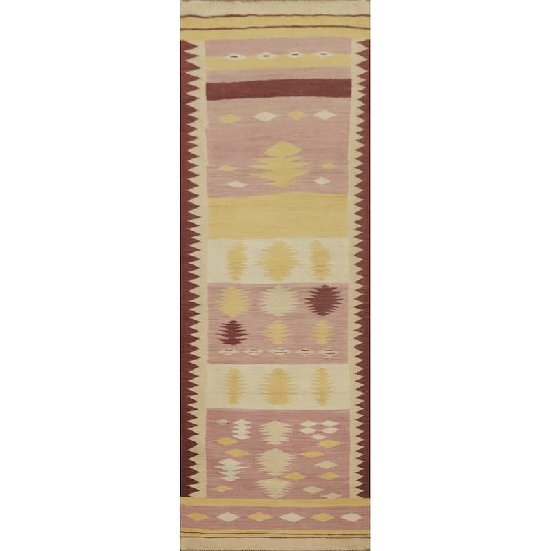 Hand Woven Oriental 100% Wool Carpet Southwestern Tribal Pink Kilim Runner Rug - 9' 8'' X 2' 8''