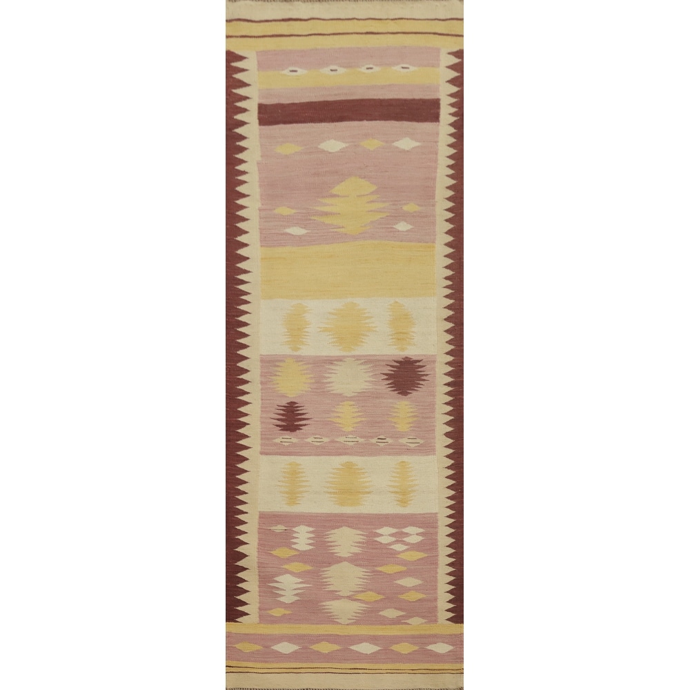 Hand Woven Oriental 100% Wool Carpet Southwestern Tribal Pink Kilim Runner Rug - 9' 8'' X 2' 8''