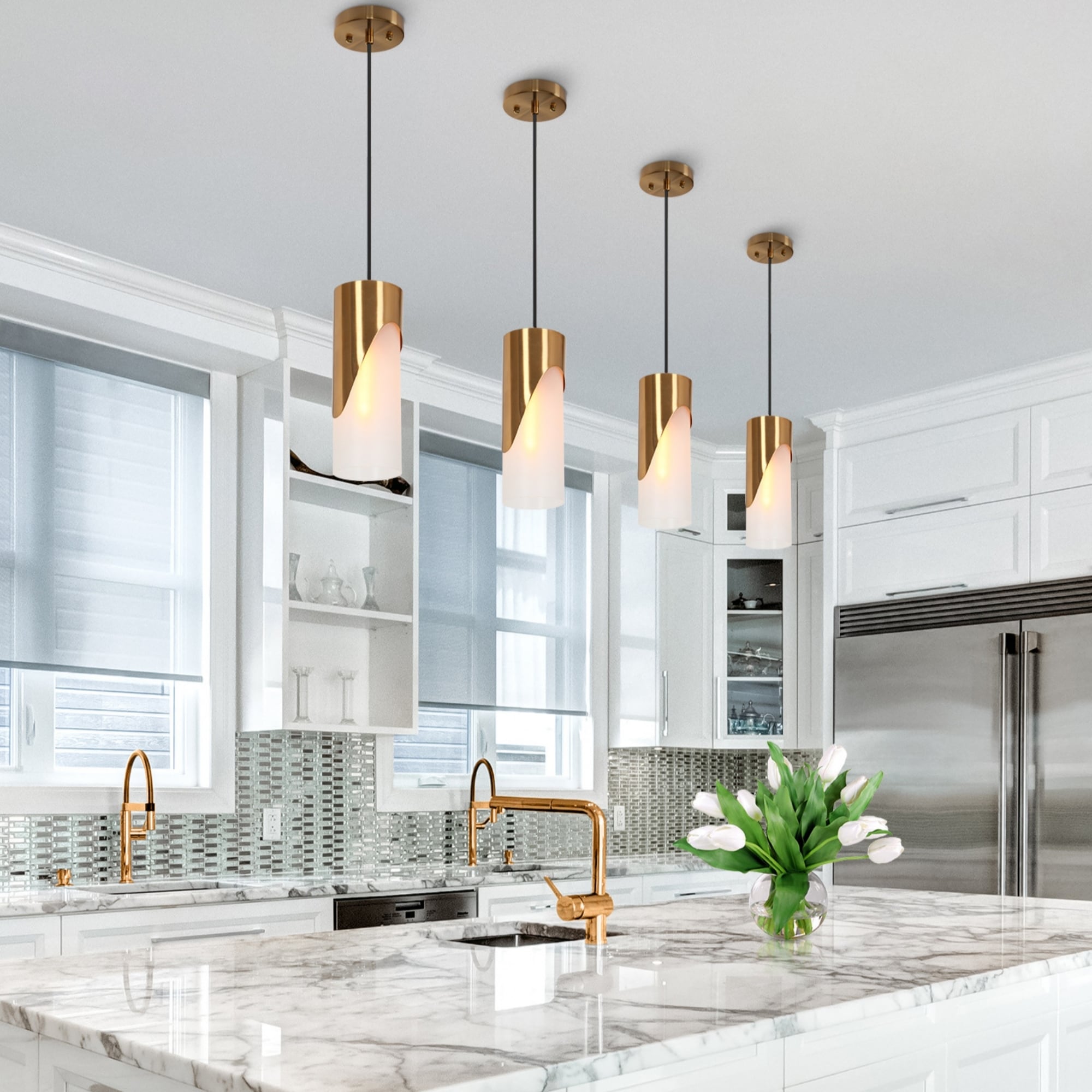 Ottilie Modern Farmhouse 1-Light Gold Cylinder Kitchen Island Pendant Light with Frosted Glass