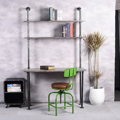 Pinewood and Brushed Silver Open Shelf Office Desk