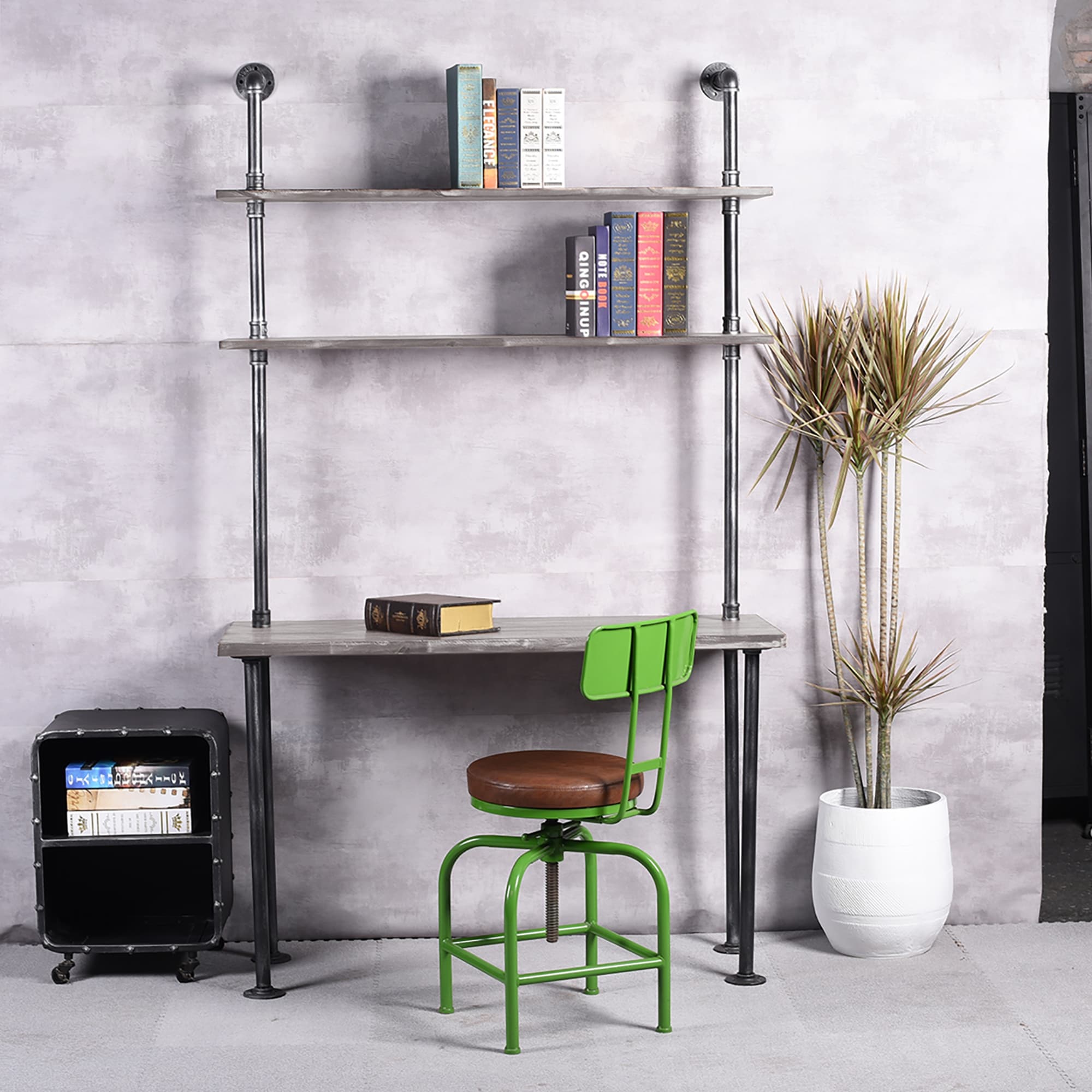 Pinewood and Brushed Silver Open Shelf Office Desk