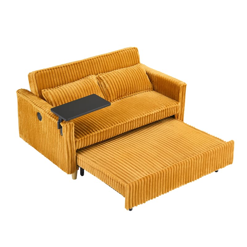 The Pull-Out And Push-In Corduroy Sofa With Dual Functions,Equipped With A Movable Tabletop And Usb Ports,Is Suitable