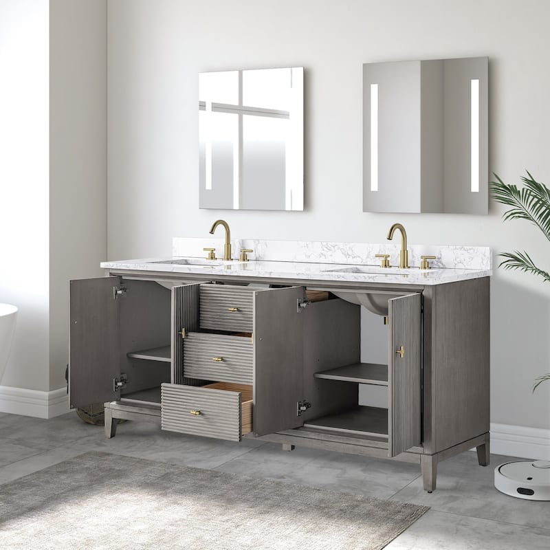 Vanity Art 72" Freestanding Bathroom Vanity with Engineered Marble Top and Sinks