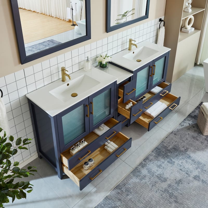Vanity Art 84" Double Sink Bathroom Vanity Set 7 Dove-Tailed Drawers, 3 Cabinets, 2 Shelves, Soft-Closing Doors with Free Mirror