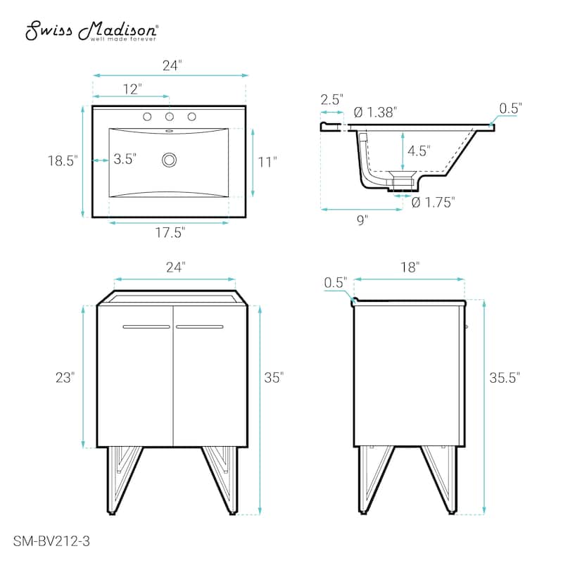 Annecy 24 In. White Bathroom Vanity With White, 3-Hole Ceramic Sink Top