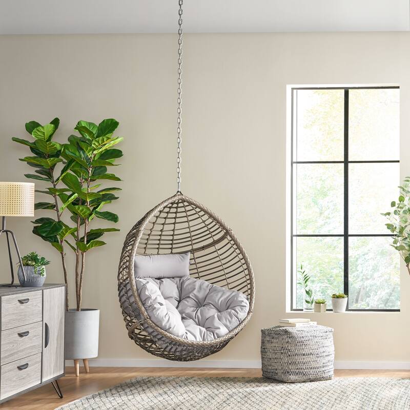Hanging Chair – Teardrop Swing Chair with 8FT Chain, Water-Resistant Cushions & PE Rattan – Outdoor/Indoor Egg Chair