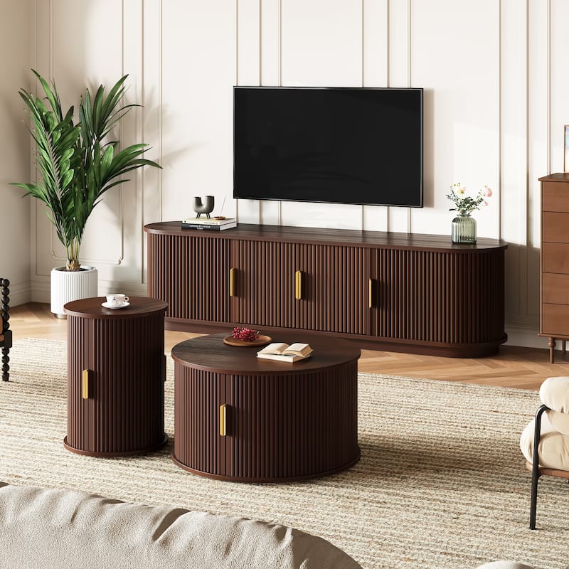 Roomfitters Wooden TV Stand & Coffee Table Set with Fluted Sliding Doors, Golden Handles & Cable Hole for TVs up to 75" - Walnut