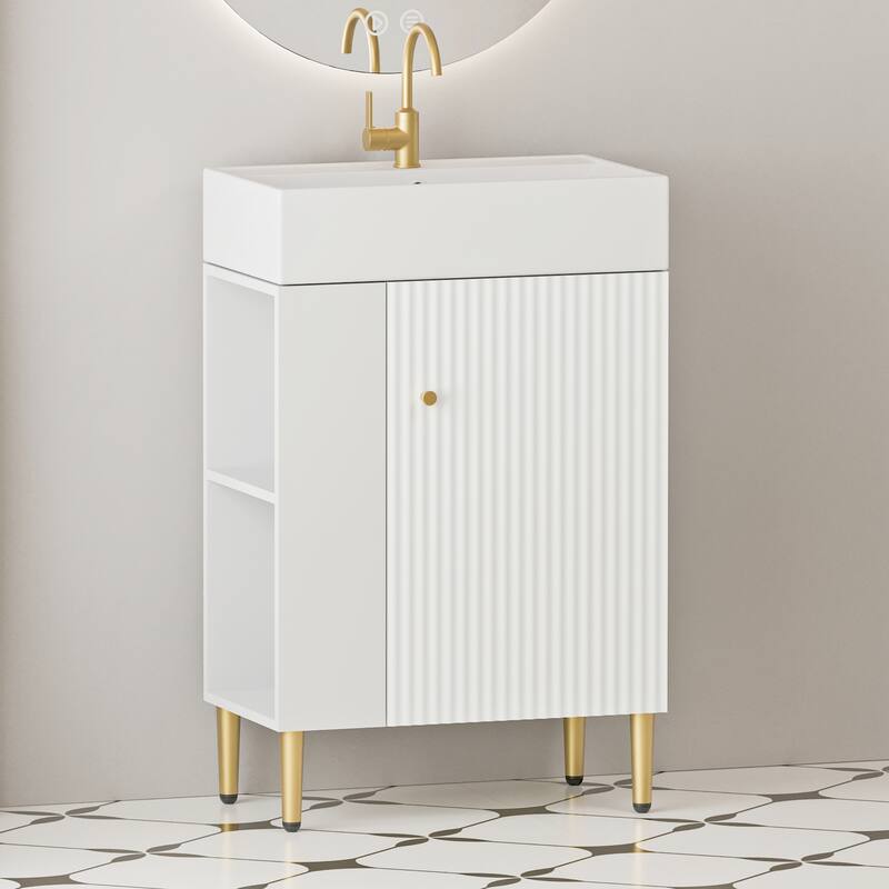 21.6" Open-Shelving Bathroom Vanity with Ceramic Sink and Cabinet
