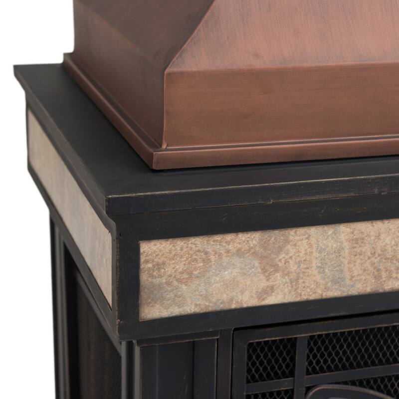 Sunjoy Smith Collection Outdoor Patio Wood Burning Steel Fireplace with Chimney, Spark Screen, Fire Poker, and Removable Grate