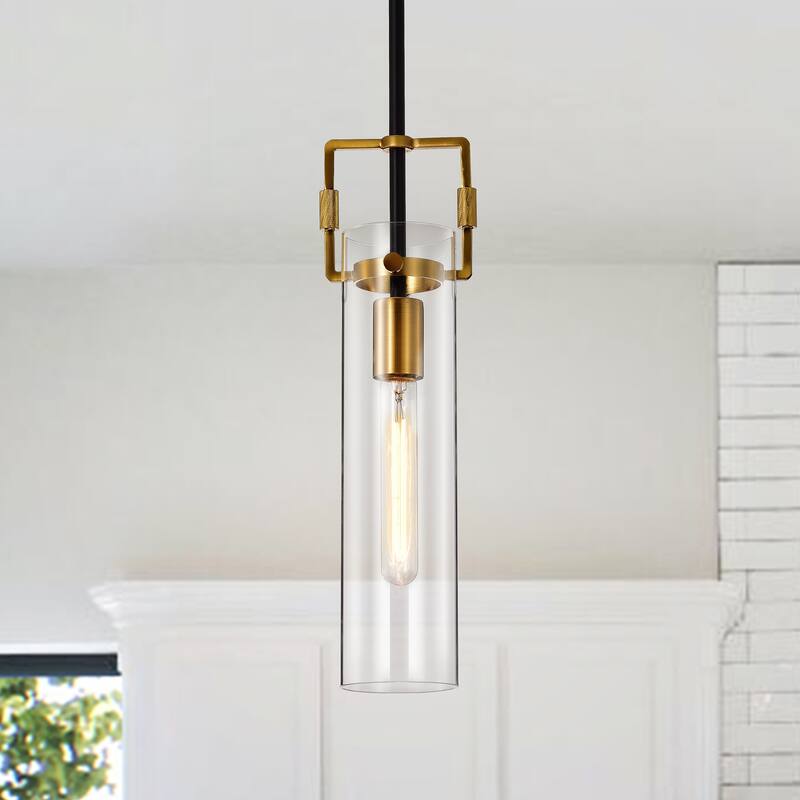 Black and Antique Gold 1-Light Mini Pendant with Clear Cylindrical Glass Shade - 1-PACK
