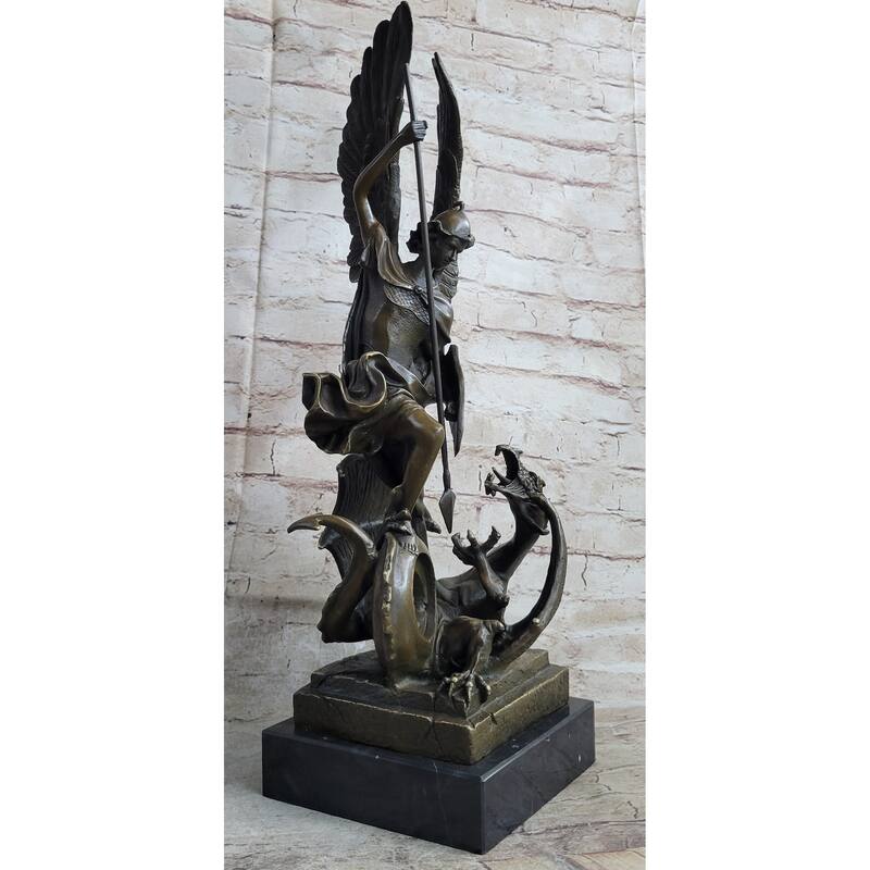 Signed Saint George Killing Dragon Bronze Sculpture Art Statue Figure Figurine