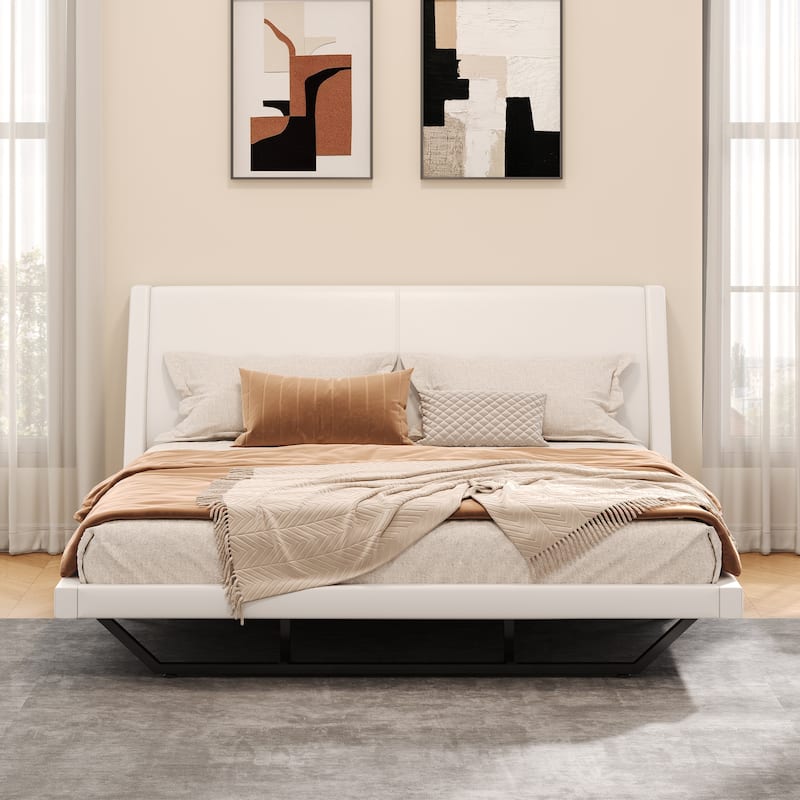 Christopher Knight Home - Persephone PU Leather Bed Frame with Wave-Like Curve Design and Trapezoidal-Shaped Leg