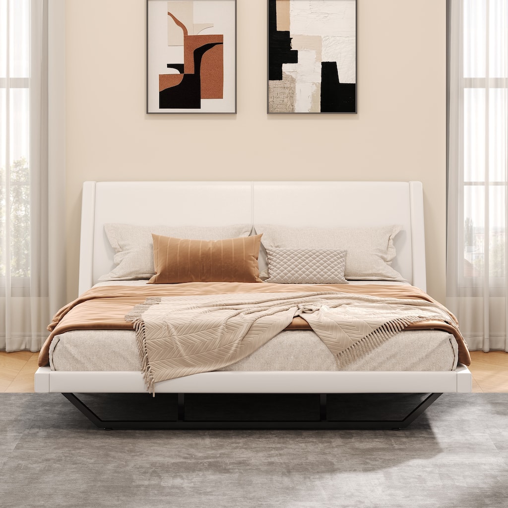 Wave-Like Curve Design Platform Bed Pu Leathe Upholstered Bed Frame Wooden Slat Support