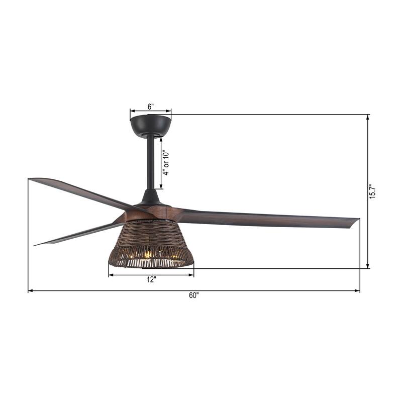 60" Natural 3-Blade Rattan LED Ceiling Fan with Remote and Light Kit