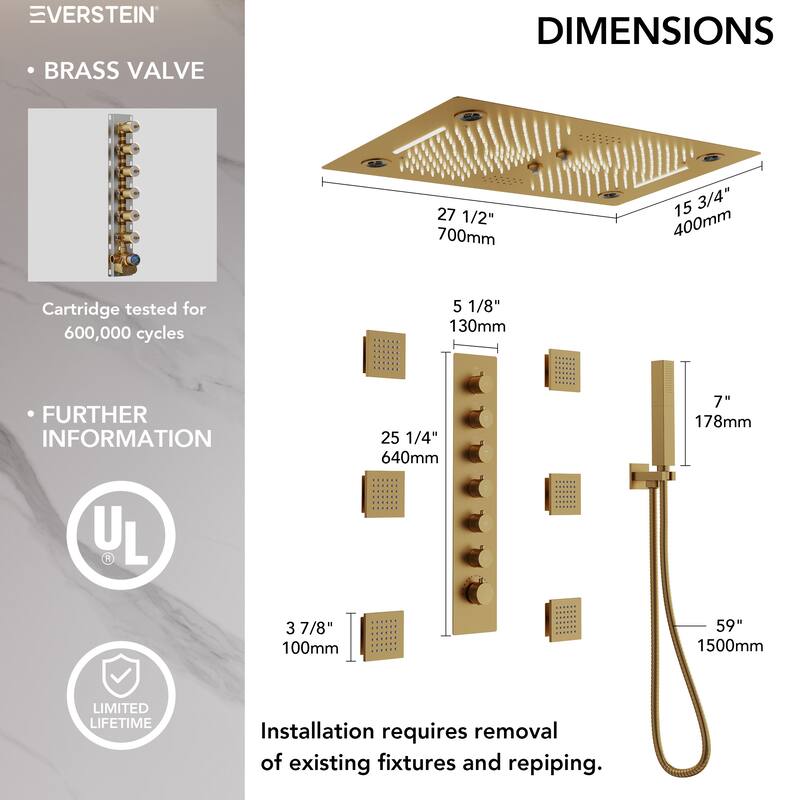 Thermostatic Muti-Fuctions Shower System Faucet Set 64 Color LED Mood Lighting Rainfall Shower Head with 6 Body Jets - 27"x16"