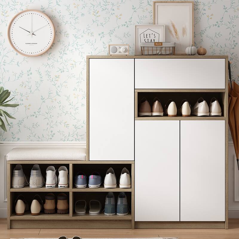 2-in-1 Shoe Storage Cabinet w/Padded Bench and Adjustable Shelves - White