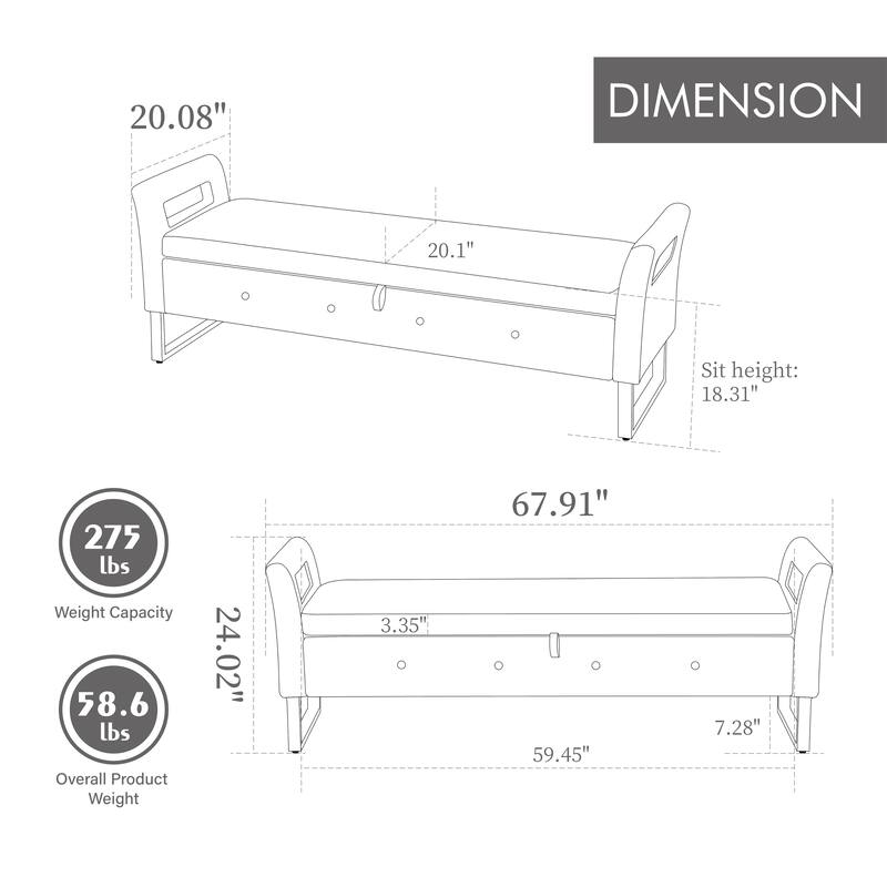 67.91"Wide Velvet Storage Soft Bench with Armrests for Living Room, Entryway and Bedroom