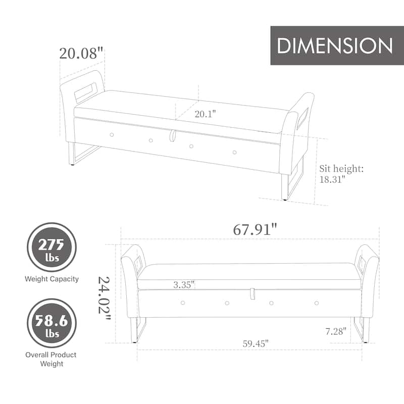 67.91"Wide Velvet Storage Soft Bench with Armrests