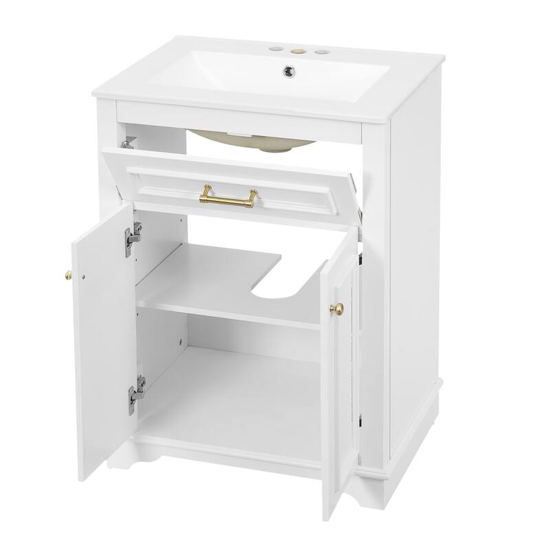 24" Bathroom Vanity with Integrated Ceramic Sink, Bathroom Cabinet with 2 Doors
