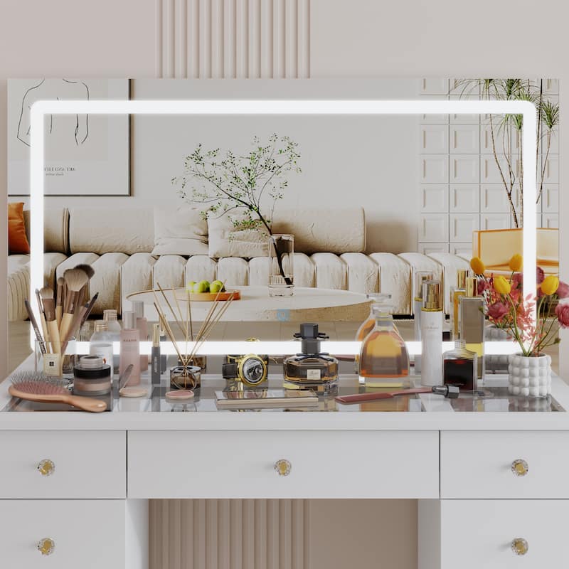 White Vanity Desk with Large LED Lighted Mirror & Glass Tabletop, Makeup Table with 11 Drawers