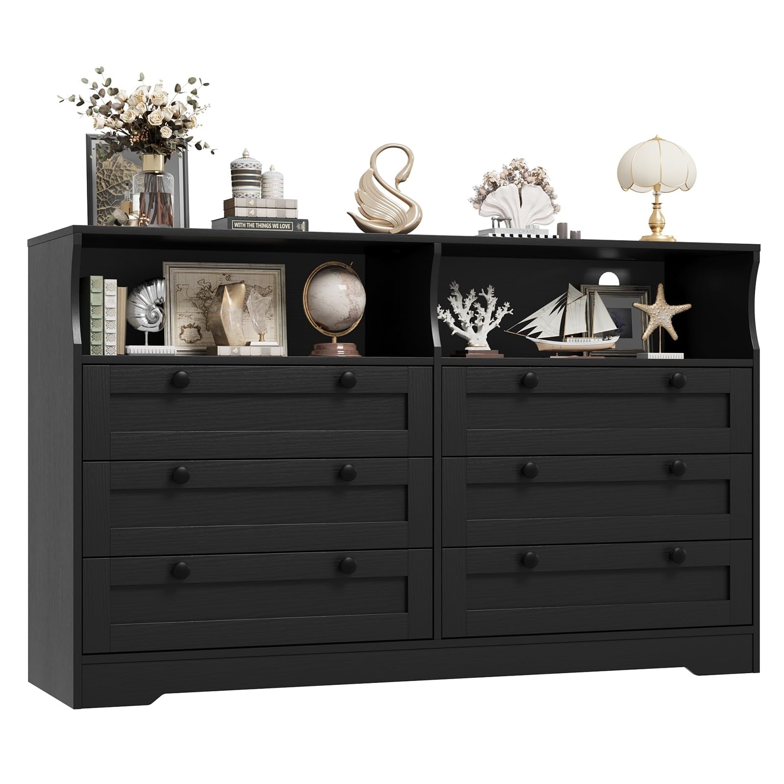 6 Drawer Dresser with RGB LED Lights, Power Outlet & 2 Open Shelves