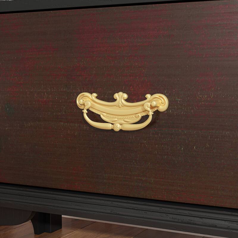 Boho Wood & MDF Display Cabinet with Tempered Glass Doors, Carved Arch Frame & Metal Handle Drawer