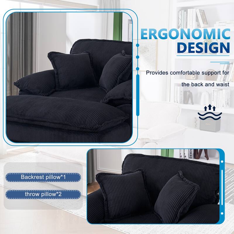 56.3 Inch Corduroy Single Deep Seat Sofa Chair With 2 Toss Pillows and a Ottoman