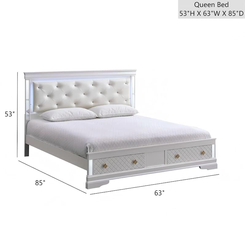 Queen Bed with LED Accent Lighting, Beige Faux Leather Headboard, and Wood Embossed Footboard