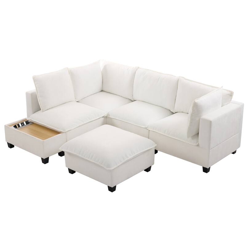 U-Shaped Sectional Sofa with Ottoman, Coffee Table with Hidden Charging Devices, Oversized Chenille Upholstered Cloud Sofa