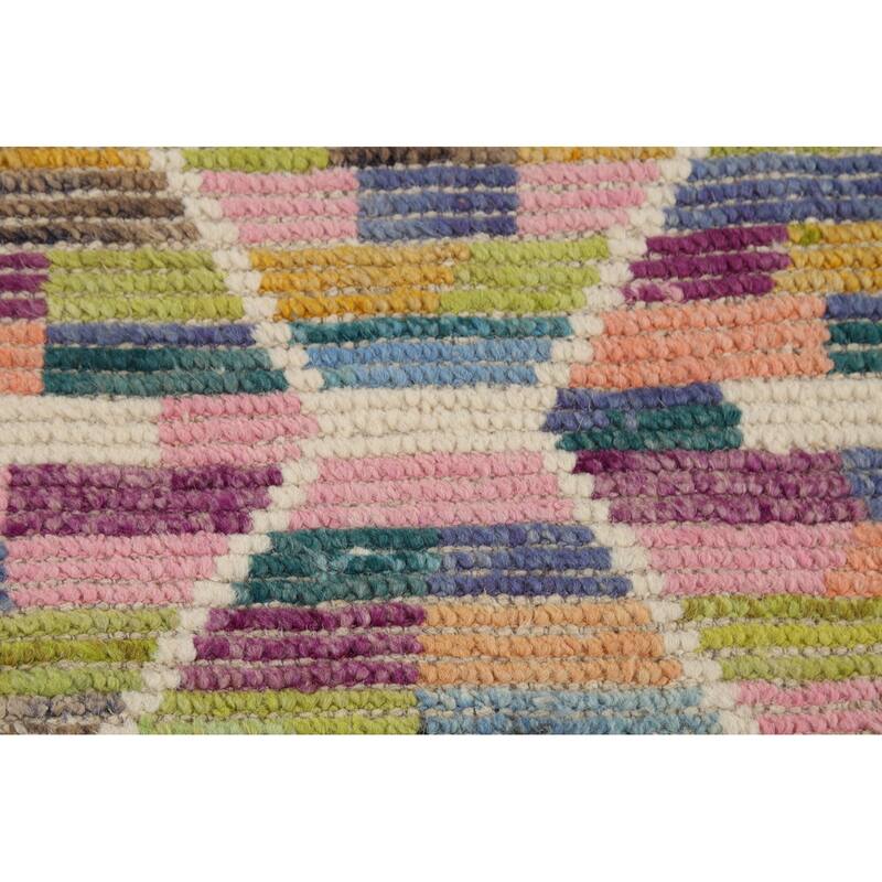 Hand Knotted Oriental 100% Wool Carpet Modern All-Over Multi-Colored Moroccan Runner Rug - 12' 9'' X 2' 5''