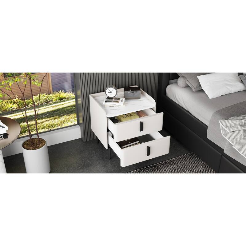 Modern 2-Drawer Nightstand with Marble-Pattern Top - Bedside/End Table for Bedroom/Living Room (White)