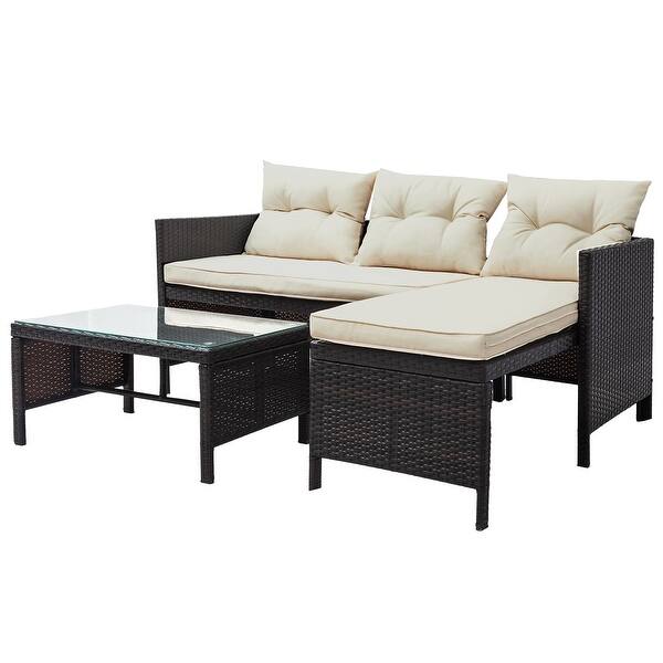 3 Pcs Outdoor Rattan Furniture Sofa Set With Cushions Beige