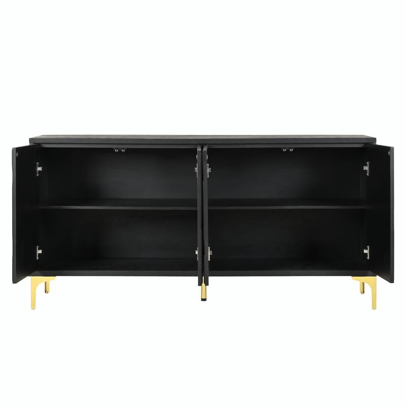 60" Carved Credenza Storage Cabinet, Handleless Press-to-Open Sideboard with 4 Doors