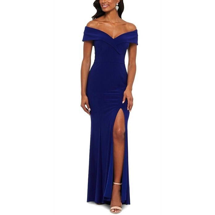 xscape off the shoulder midi dress