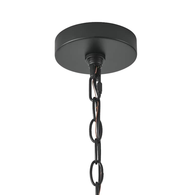 Vintage Matte Black 4-Light Metal Drum Pendant Light with Brown Lampshade
