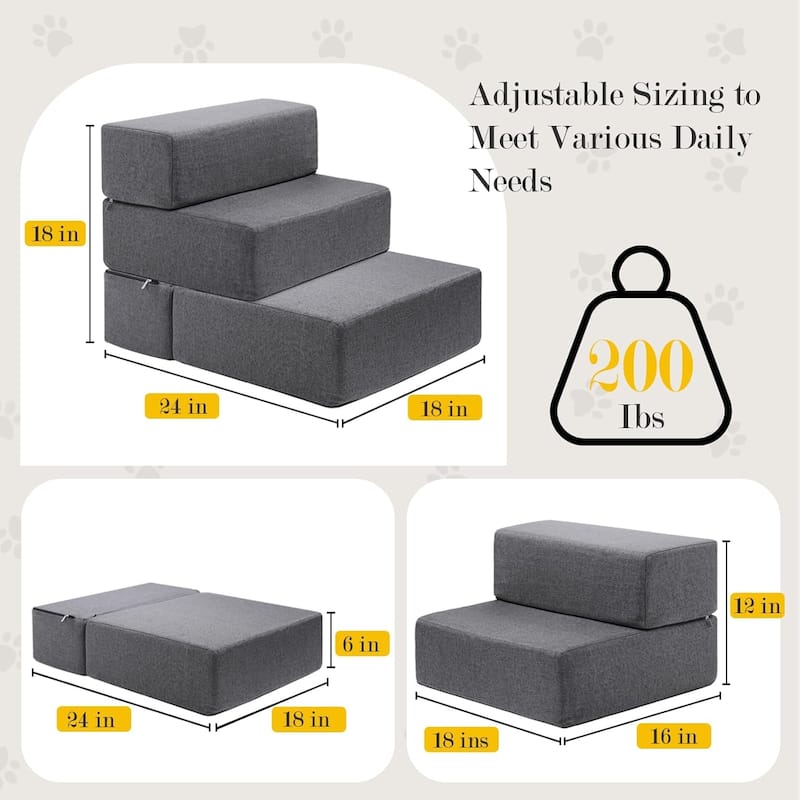 WOWMAX Dog Stairs Ramp for Beds and Sofas, Foldable Modular Pet Steps for Small Dogs, Non-Slip Durable Design,Gray - 18x16x12"