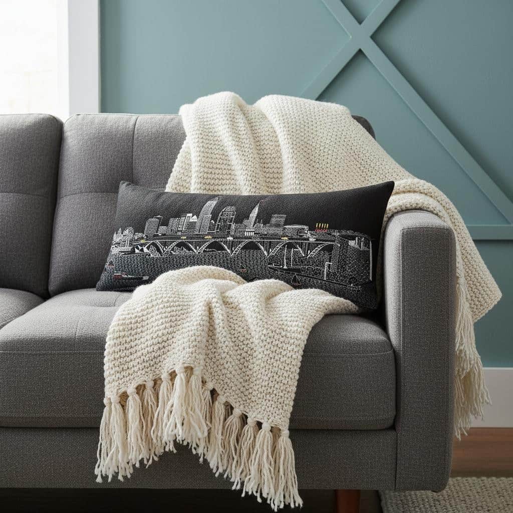 HomeRoots 14" X 35" Dark Gray And White Cleveland Nighttime Skyline Lumbar Decorative Pillow