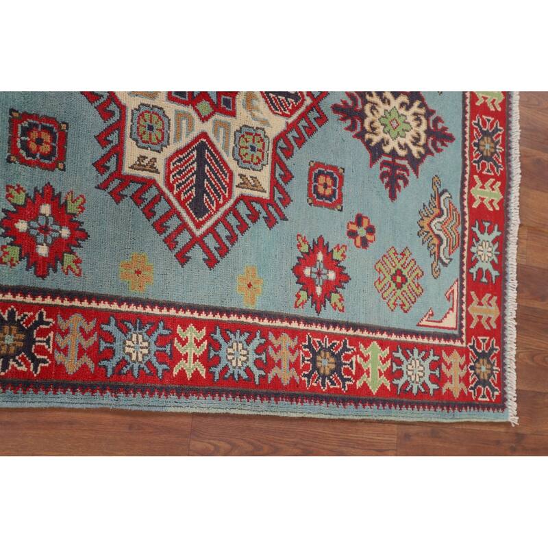 Light Blue Geometric Kazak Foyer Rug Hand-Knotted Oriental Wool Carpet - 3'5" x 4'10"